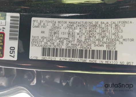 2012 Toyota Tacoma Prerunner V6 z USA, uszkodzony, nr VIN 3TMJU4GNXCM136753